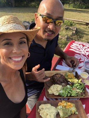 Enjoying our private dinner - braised short ribs, panko crusted mahimahi, breadfruit mash potatoes, salad greens with a lilikoi dressing.