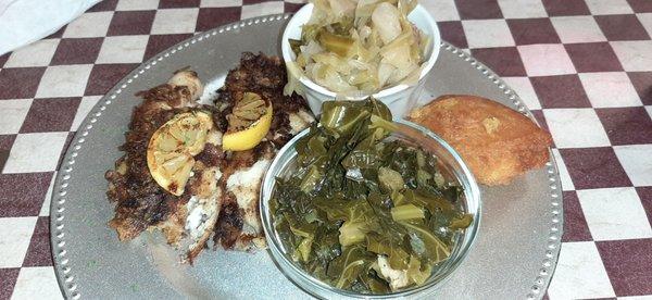 Grilled fish with cabbage and greens with hot water cornbread