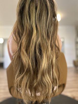 Golden blonde/bronde with balayage highlights.