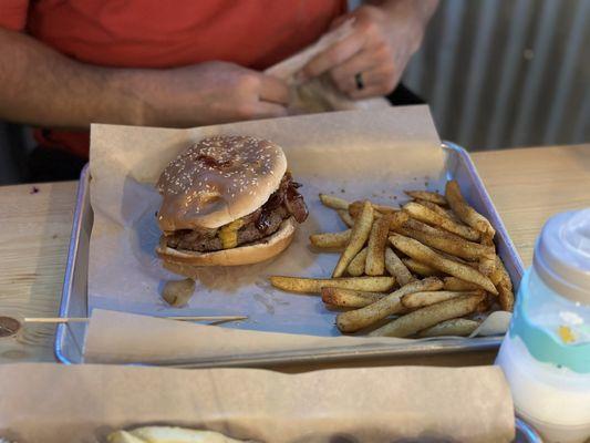 BBQ bacon burger & Cajun fries