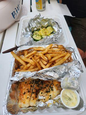 Broiled flounder with fries and veggies