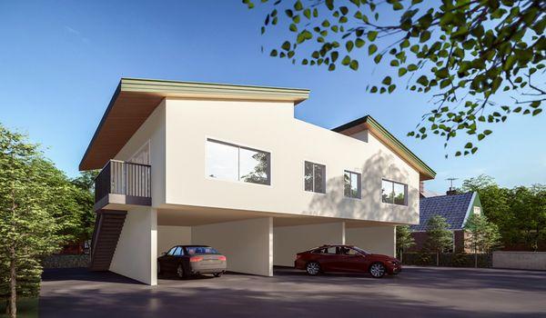 A 3D rendering of our ADU duplex, beautiful and chic with an efficient and comfortable design.