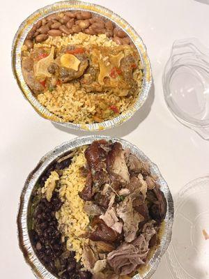 Top: Rabo Guisado (oxtail) with yellow rice and red beans  Bottom: Pernil with yellow rice and black beans