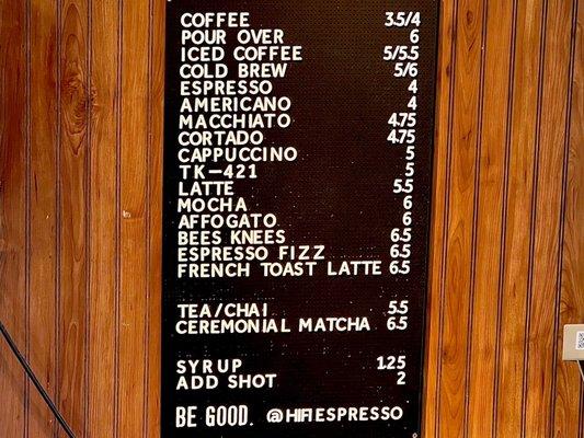 The beverage menu at Hi-Fi Espresso in the corner of the bakery