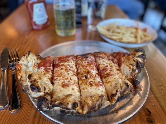 Meat lovers calzone with fries & Pilsner.  Great lunch!