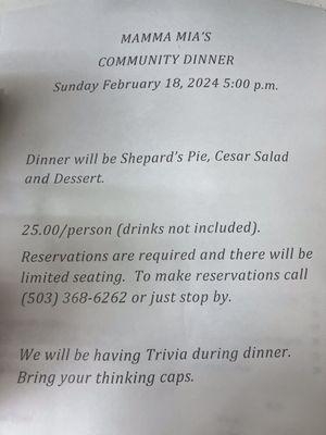 Community dinner Sunday February 18. Reservations are required