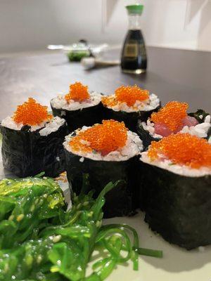 Hand made sushi rolls with a side of seaweed salad by yours truly.