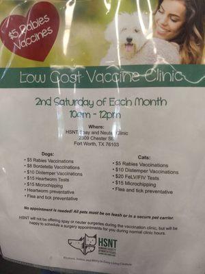 Low cost vaccine clinic info.