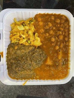 4 vegan dishes with no rice: cabbage and peas, Chana Masala, Aloo Mutter, Dal