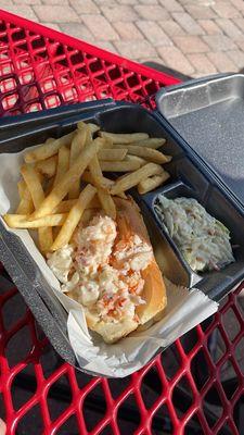 Garlic lobster roll with fries and coleslaw