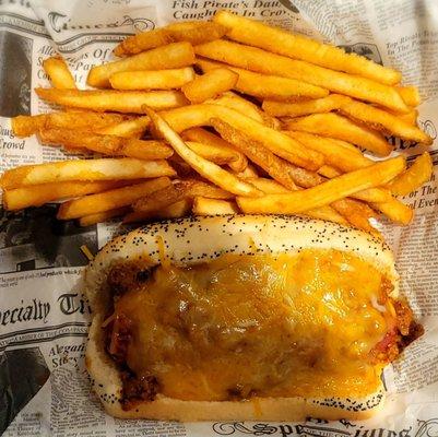 Chili-cheese dog and french fries.