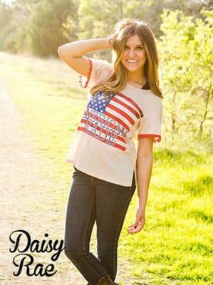 We carry clothing line Daisy Rae, a fun southern and patriotic line.