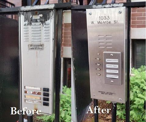 Before and After picture of a new intercom system installed by Nonstop Locksmith