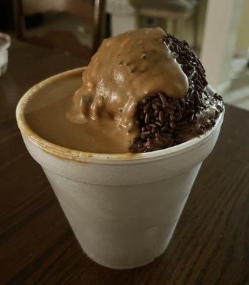 exceptional take out chocolate frozen yogurt with extra pb sauce and sprinkles!!! (12/1/22)