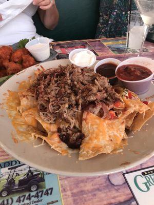 Jerry's Famous Pulled Pork Nachos! Easily feeds 2, Little Gasparilla Marina. By land or by boat! Yum !