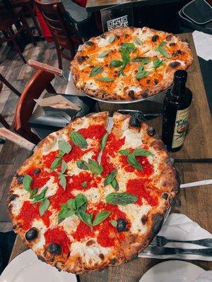 Top: large alla vodka pie; bottom: large margherita pie