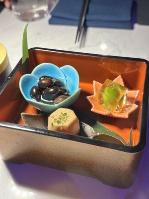 Appetizer. Sweet beans, Japanese yam, and peach in gelatin. Delicious!