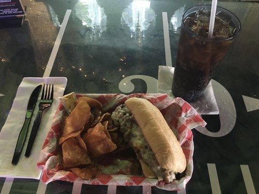 Philly Cheesesteak with homemade chips and a Coke! Delicious