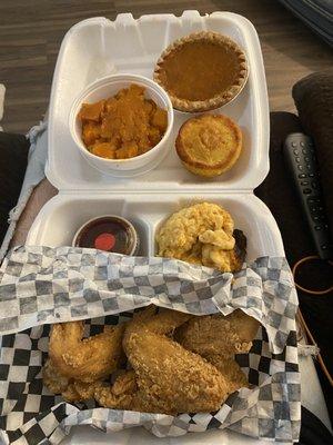 JR fried chicken wings meal with Small Candied Yams, Small 7 Cheese Macaroni, Sweet Potato Pie, corn muffin and hot BBQ.