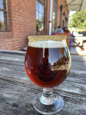 Pumpkin beer with Carmel sugar rim. Perfect for fall!