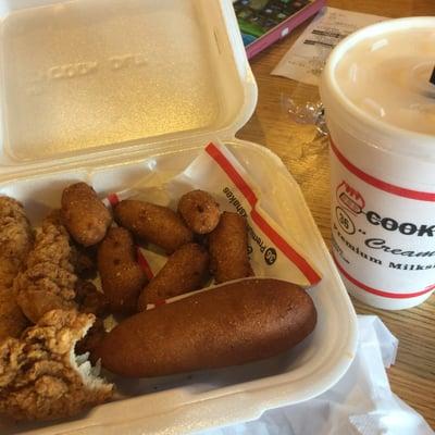 Chicken tenders, corn dog, hush puppies, and a shake for all under 6 dollars!