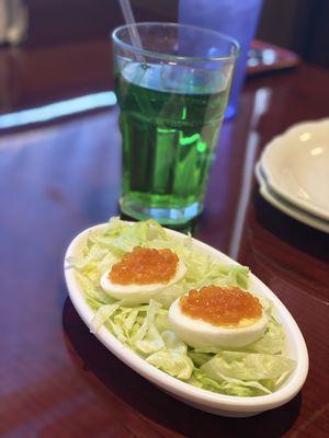 Tarhun ( super popular soda)  And eggs Egg with Red Caviar