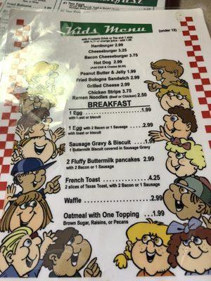 Kids menu