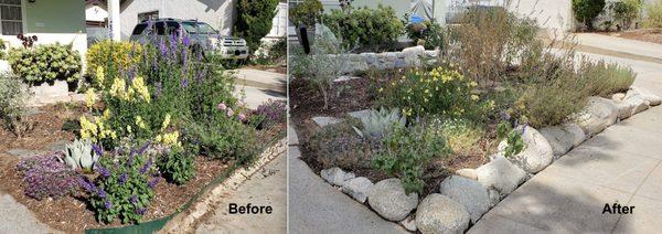 Before and after. Stones in the front to prevent soil erosion. River rock wall planter in the back.