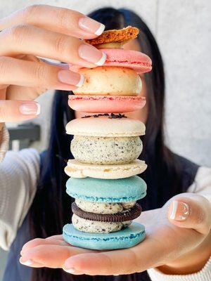 biscoff, black sesame, oreo fat macarons