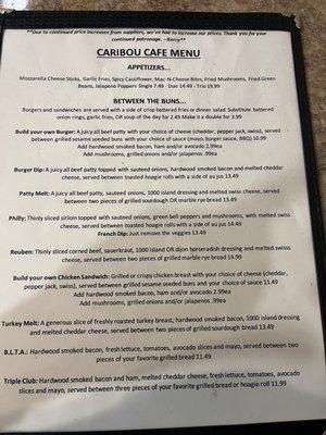 Appetizers and burger/sandwich menu