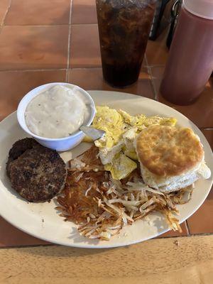 1 Egg breakfast with sausage, hash browns, and biscuit & gravy -Delish!