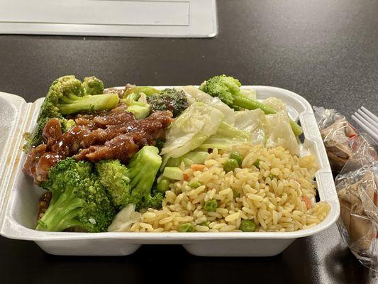 Beef with Broccoli, steamed veggies and fried rice