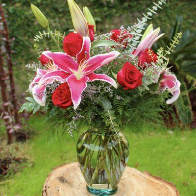 All My Love - 1 Dozen Red Roses with Stargazer Lilies