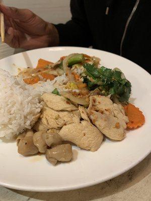 Draculla Repellent + chicken with Jasmine Rice. Comes with mushroom, he's not a fan so he put it aside. Hardly any sauce.