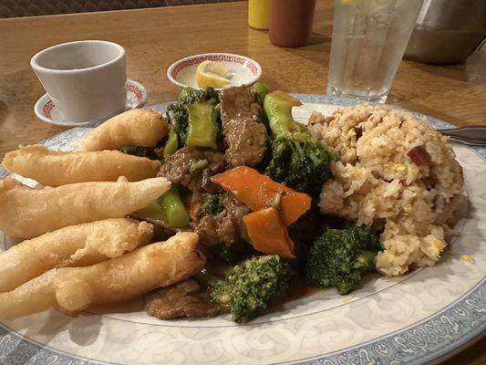 Fried shrimp, beef and broccoli, fried rice.