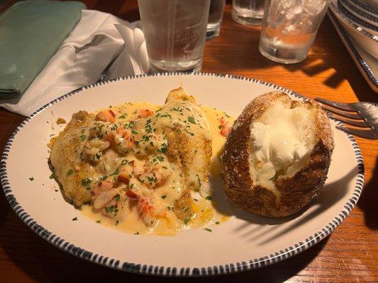 Lobster Lobster-Topped Stuffed Flounder with a "lobster topped" baked potato.