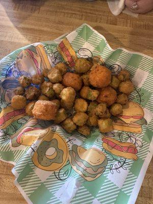 Appetizer sampler  Cowboy nuggets, frog legs, okra