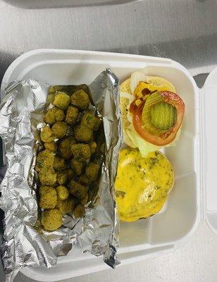 Hamburger and fried okra!