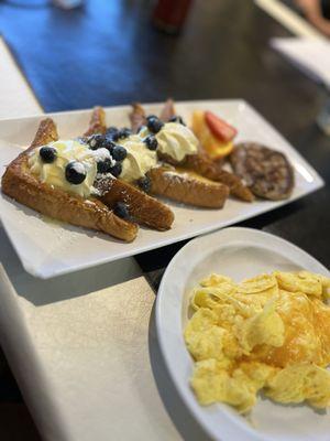 French toast and scrambled eggs.