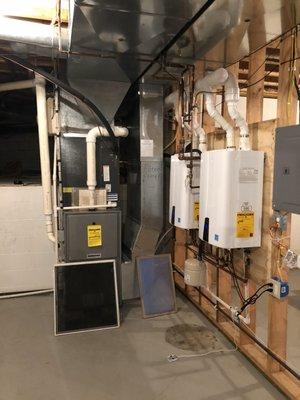 Lennox system and twinned tankless water heaters