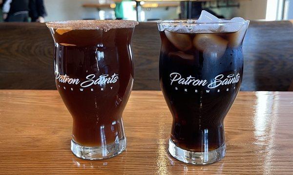 Saint Nick Christmas Ale (with a rim job) and Saint Anatoly root beer.