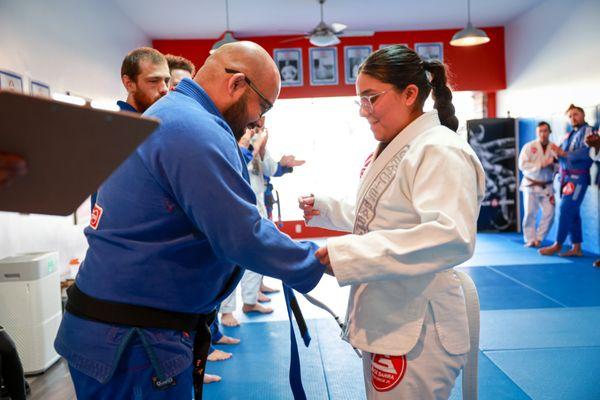 January 2024 Adult Belt promotion. 3 White belts moved to blue.