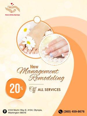 Celebrate new management & remodeling: 20% OFF all services | Nail salon in Olympia, Washington 98516