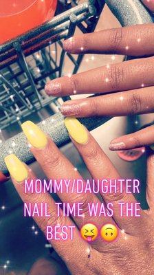 Yellow powder and pink/glitter shellac