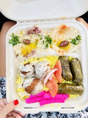 Veggie Plate!! Falafel, Hummus, Baba Ghanouj, rice, Grape Leaves, Fresh Baked Pita