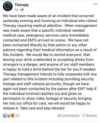 Therapy's public response to three victims being drugged