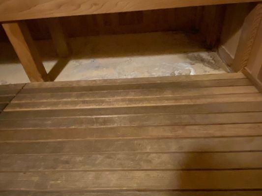 Sauna, missing part of floor, prior water damage & mold developed.