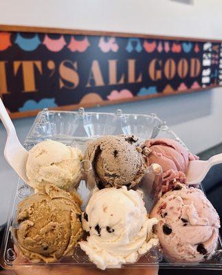 Ice Cream Flight :Key Lime, Cookies & Cream, Dragon Fruit Sorbet, Raspberry Chocolate Chip (FAVE), Cookie Dough, and Coffee Chip