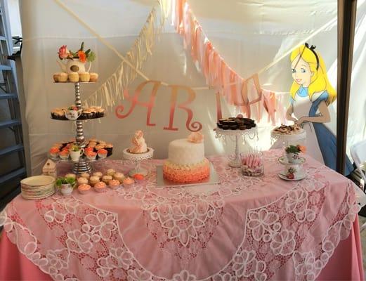 Alice cutout, linen, lace and all cake stands rented from them too