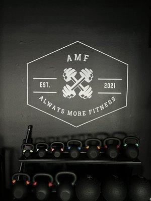 Always More Fitness - logo, kettlebells, slam balls.